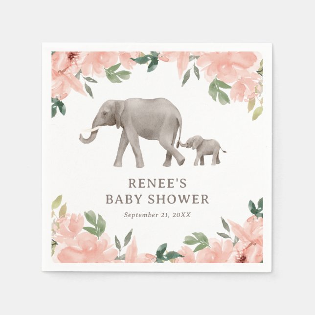 Pink Floral Elephant Girl Baby Shower Napkins (Front)
