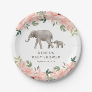 Pink Floral Elephant Girl Baby Shower Paper Plates