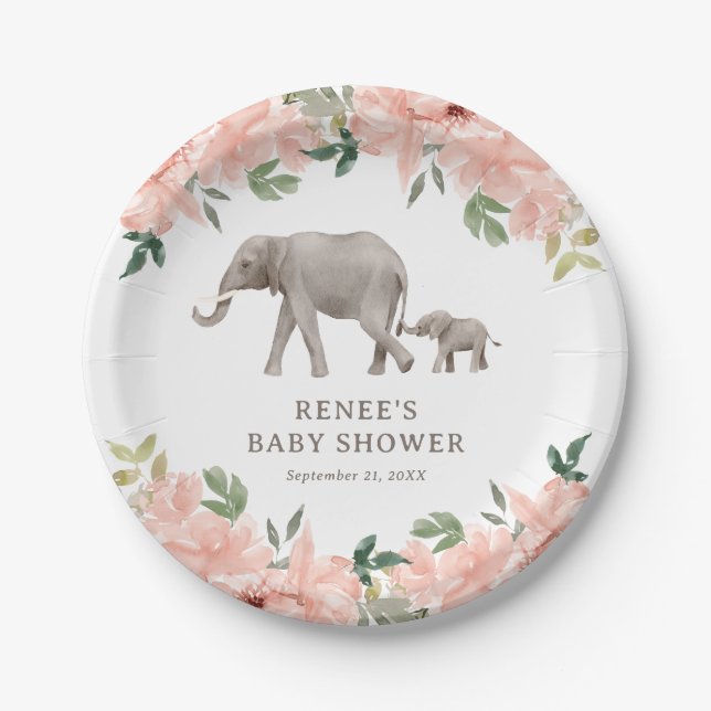 Pink Floral Elephant Girl Baby Shower Paper Plates (Front)