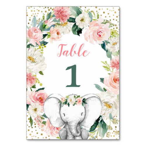 Pink Floral Elephant Girl Baby Shower Table Number