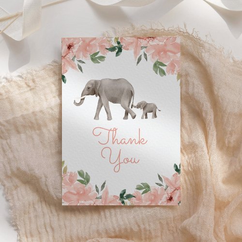 Pink Floral Elephant Girl Baby Shower Thank You Card