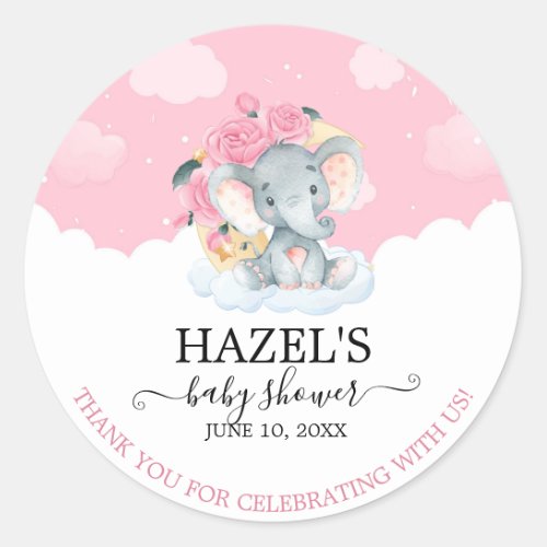 Pink Floral Elephant Girl Baby Shower Thank You Classic Round Sticker