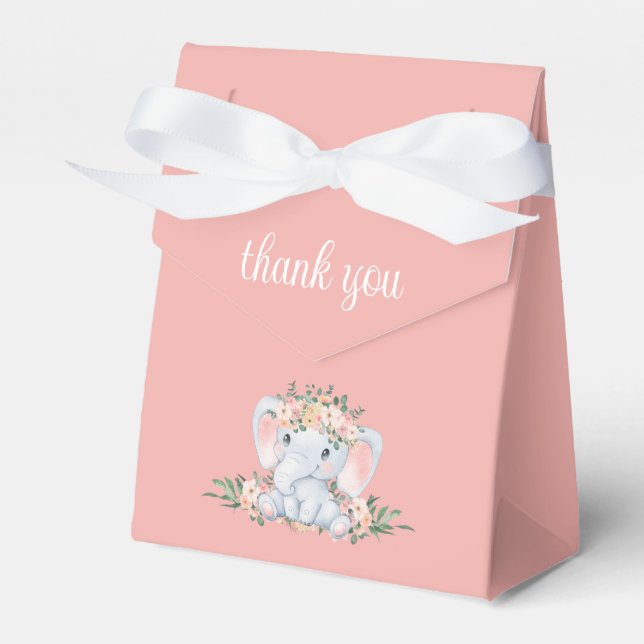 Pink Floral Elephant Girl Baby Shower Thank You Favor Boxes (Front Side)