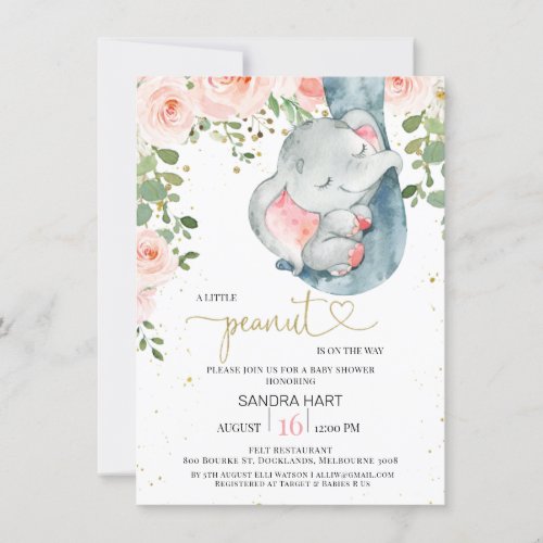 Pink Floral Elephant Girls Peanut Baby Shower Invitation