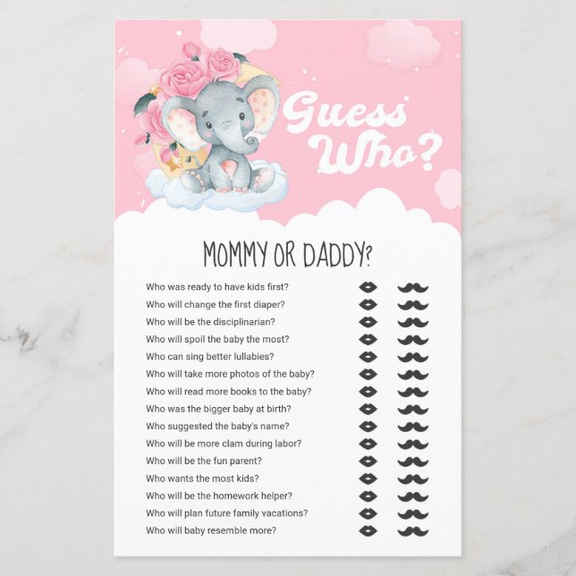 Pink Floral Elephant Guess Who Mommy or Daddy Game (Front)
