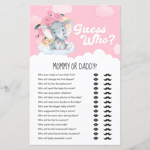 Pink Floral Elephant Guess Who Mommy or Daddy Game