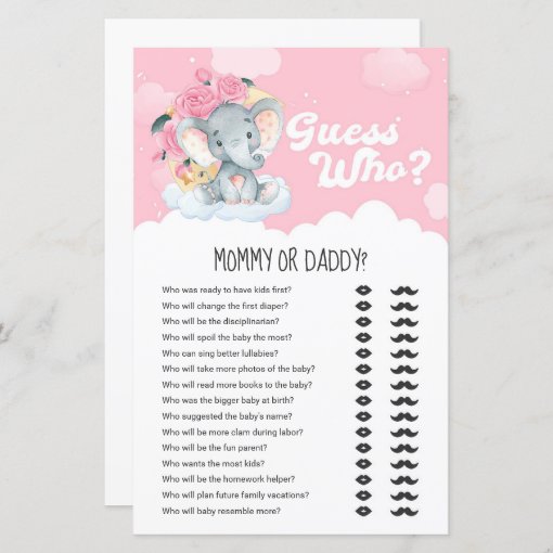 Pink Floral Elephant Guess Who Mommy or Daddy Game | Zazzle