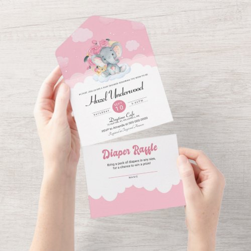 Pink Floral Elephant Little Peanut Baby Shower All In One Invitation
