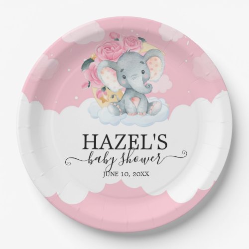 Pink Floral Elephant Little Peanut Baby Shower Paper Plates