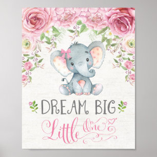 Pink Floral Elephant Nusery Art Wall Decor Print