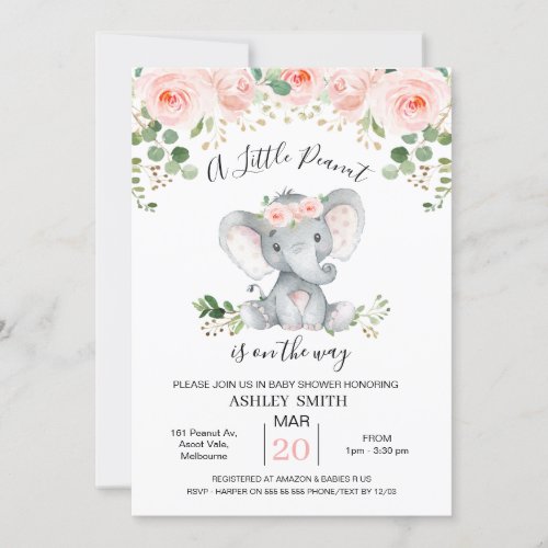  Pink Floral Elephant Peanut Baby Shower Invitation