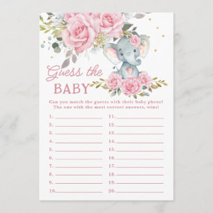 Pink Floral Elephant Shower Guess the Baby Game Note Card
