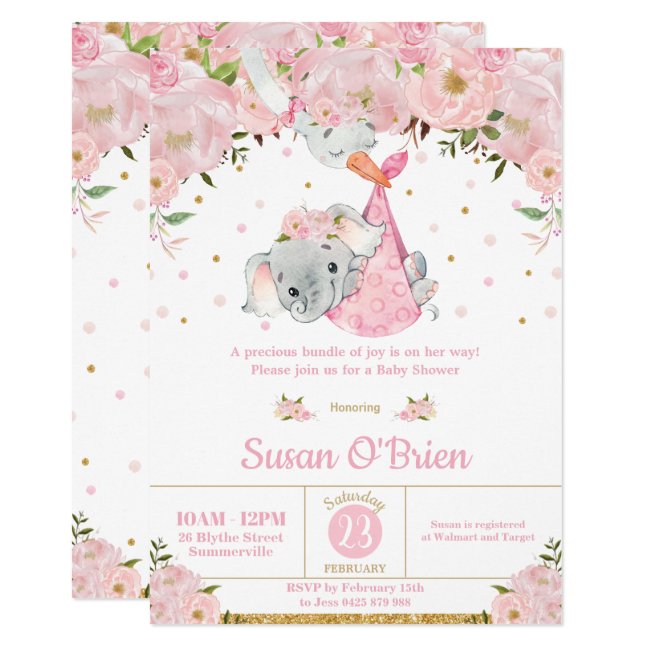 Pink Floral Elephant Stork Bundle Girl Baby Shower Invitation