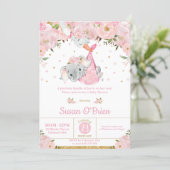 Pink Floral Elephant Stork Bundle Girl Baby Shower Invitation (Standing Front)