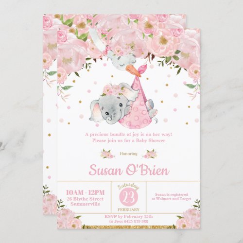 Pink Floral Elephant Stork Bundle Girl Baby Shower Invitation