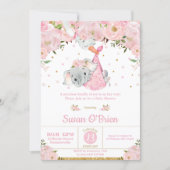 Pink Floral Elephant Stork Bundle Girl Baby Shower Invitation (Front)