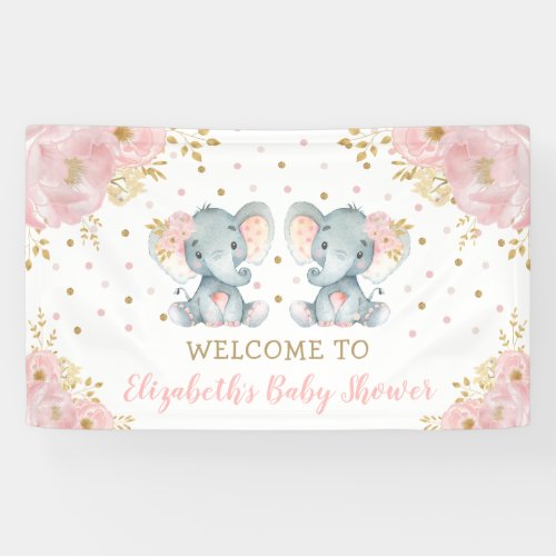Pink Floral Elephant Twi Girls Baby Shower Welcome Banner