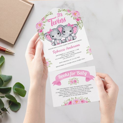Pink Floral Elephant Twin Girls Baby Shower All In One Invitation