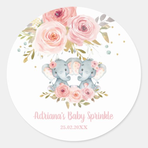 Pink Floral Elephant Twin Girls Baby Shower Favor Classic Round Sticker