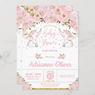 Pink Floral Elephant Twin Girls Baby Shower Invitation