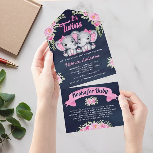 Pink Floral Elephant Twin Girls Navy Baby Shower All In One Invitation