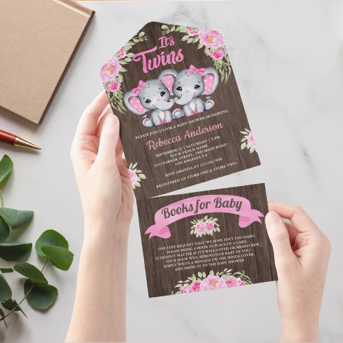 Pink Floral Elephant Twin Girls Wood Baby Shower All In One Invitation