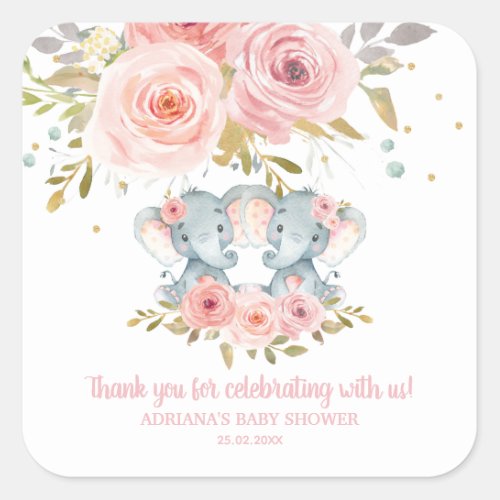 Pink Floral Elephant Twins Baby Shower Thank You Square Sticker