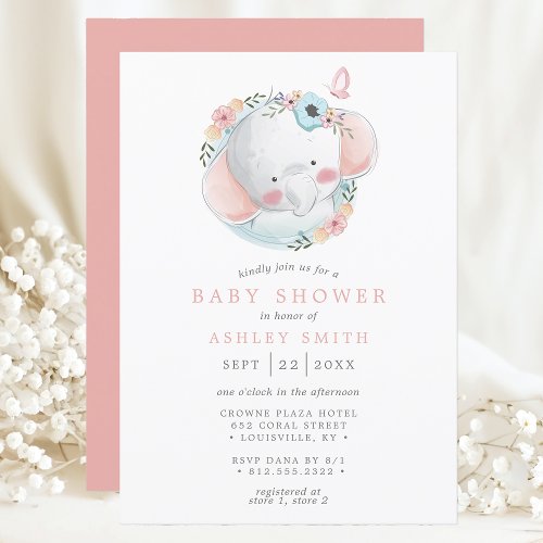 Pink Floral Elephant Watercolor Girl Baby Shower Invitation