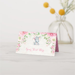 Pink Floral Elephant Watercolor Roses Girl Jungle Place Card