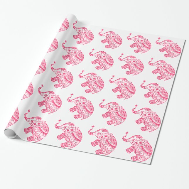 Pink Floral Elephant White Background Wrapping Paper (Unrolled)