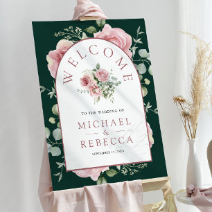 Pink Floral Emerald Green Wedding Welcome Sign