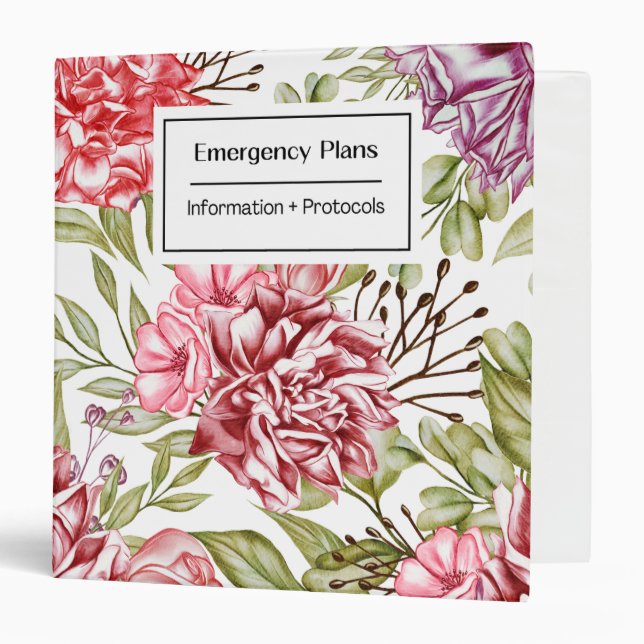 Pink Floral Emergency Plans 3 Ring Binder (Front/Inside)