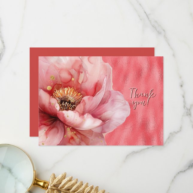 Pink Floral Enlarged on Shiny Pink Thank You (Front/Back In Situ)