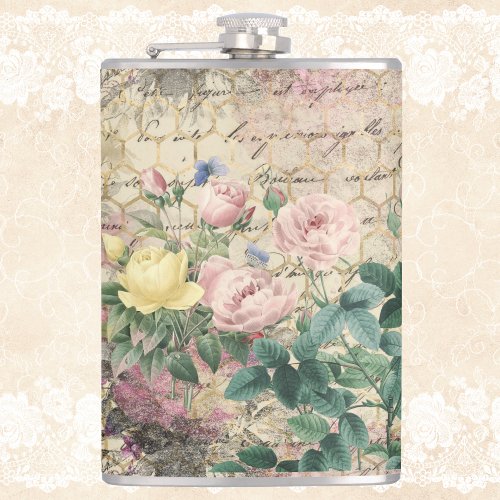 Pink Floral Ephemera with Beehive and Writing Flask
