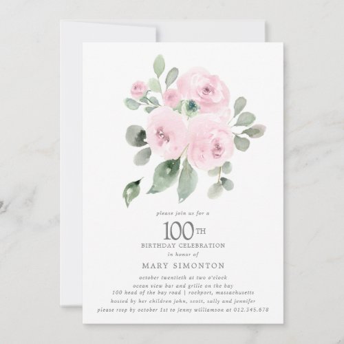  Pink Floral Eucalyptus 100th Birthday Party Invitation