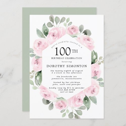 Pink Floral Eucalyptus 100th Birthday Party Invitation
