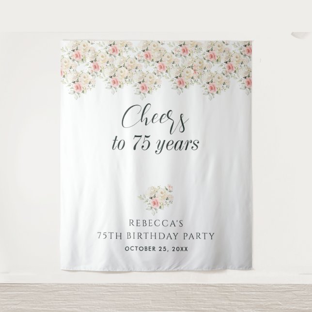 Pink Floral Eucalyptus 75th Birthday Backdrop (Front)