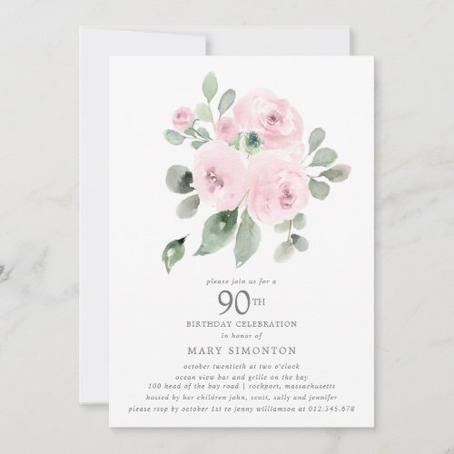  Pink Floral Eucalyptus 90th Birthday Party Invitation