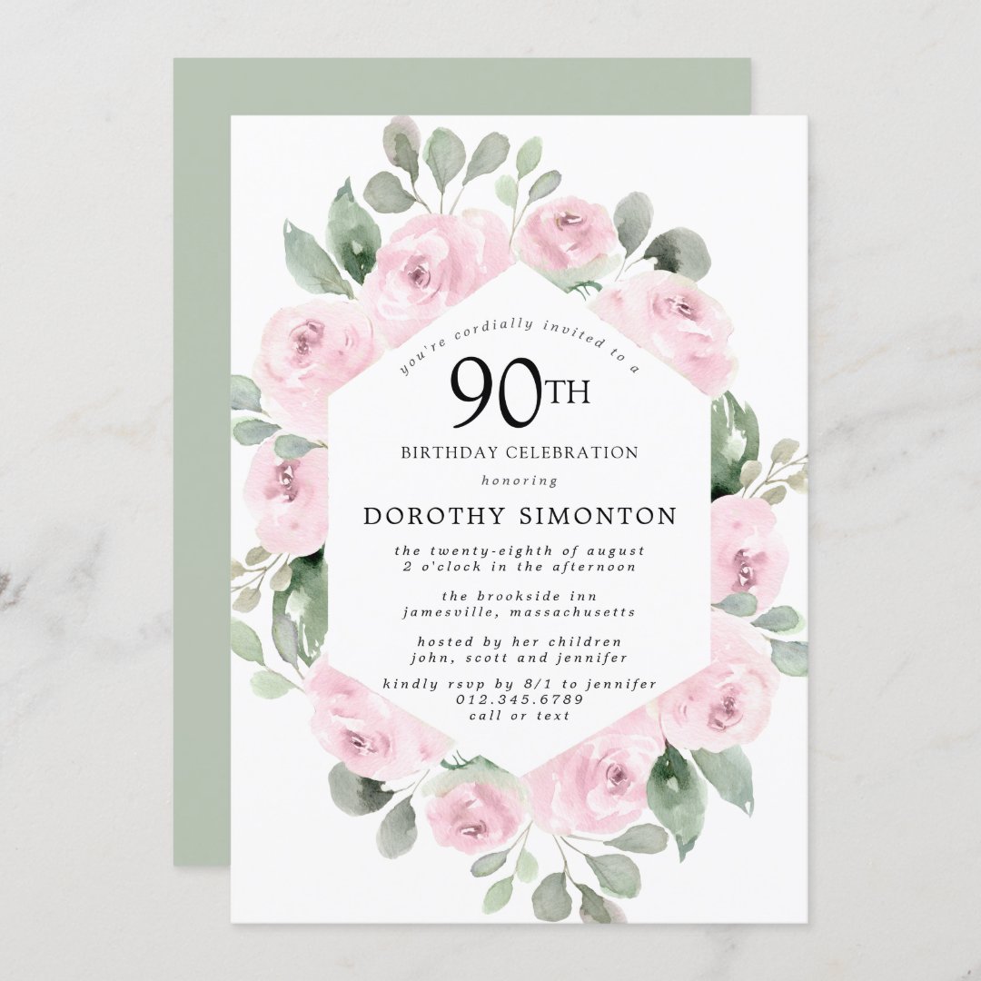 Pink Floral Eucalyptus 90th Birthday Party Invitation | Zazzle