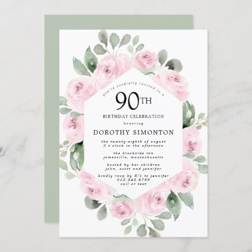 Pink Floral Eucalyptus 90th Birthday Party Invitation