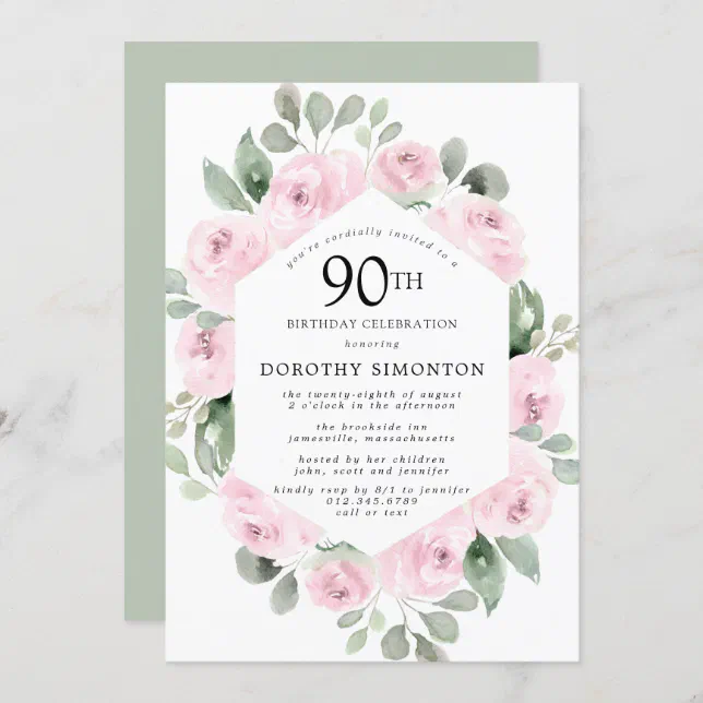 Pink Floral Eucalyptus 90th Birthday Party Invitation | Zazzle