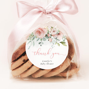 Pink floral eucalyptus baby girl shower thank you classic round sticker
