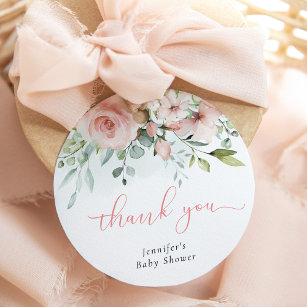 Pink floral eucalyptus baby girl shower thank you favor tags