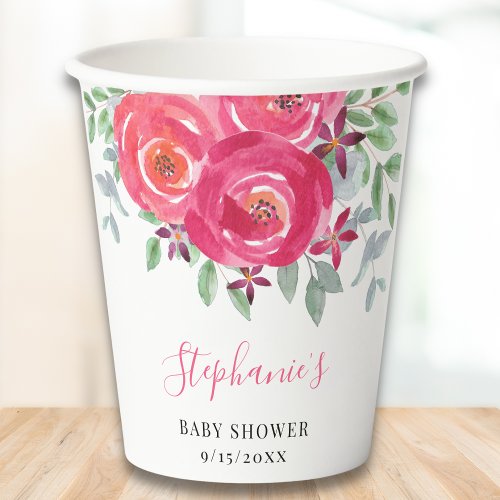 Pink Floral Eucalyptus Baby Shower  Paper Cups