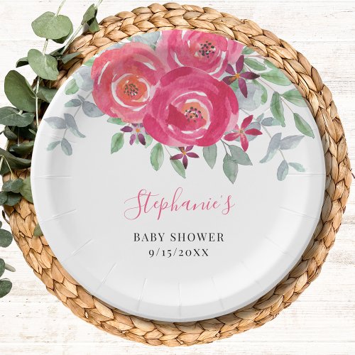 Pink Floral Eucalyptus Baby Shower Paper Plates