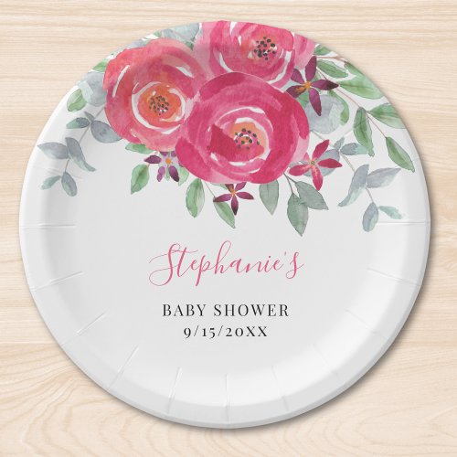 Pink Floral Eucalyptus Baby Shower Paper Plates