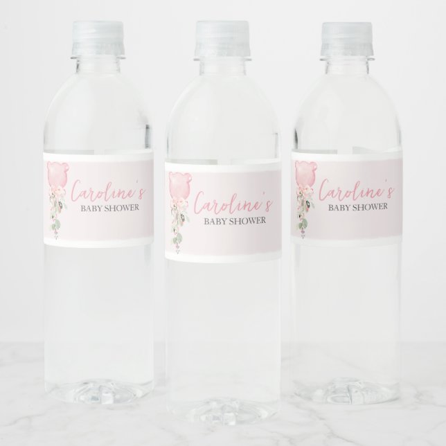 Pink Floral Eucalyptus Balloon Baby Shower Water Bottle Label (Bottles)