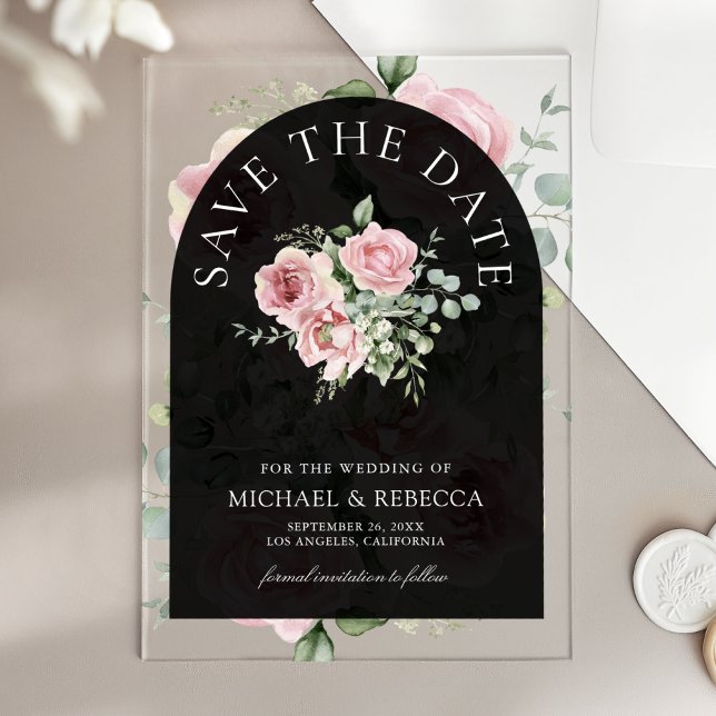 Pink Floral Eucalyptus Black Wedding Save the Date (Creator Uploaded)