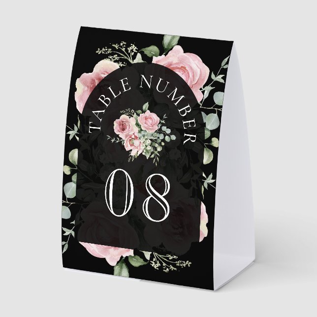 Pink Floral Eucalyptus Black Wedding Table Number Paper Table Tent (Front)