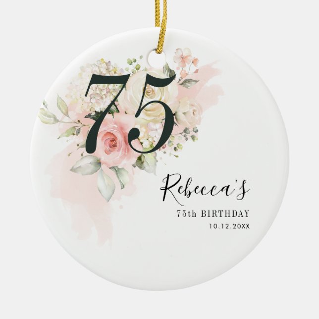 Pink Floral Eucalyptus Botanical 75th Birthday Ceramic Ornament (Front)